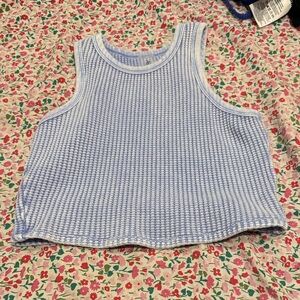 Blue and White Sleeveless Knit Top